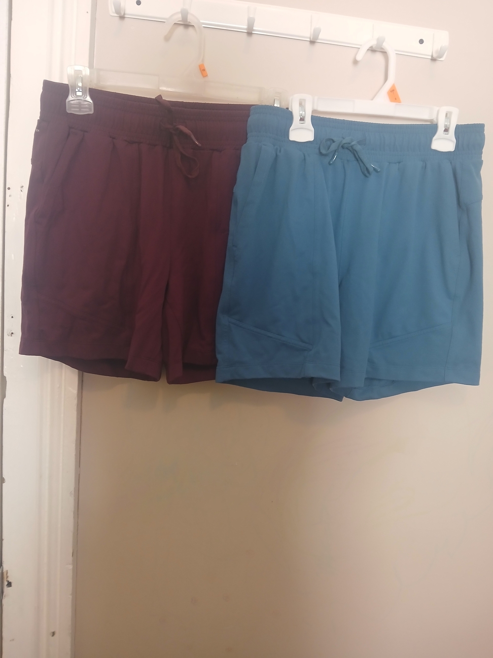 Mondetta Women's Athletic Drawstring Shorts in Teal Blue and Burgundy